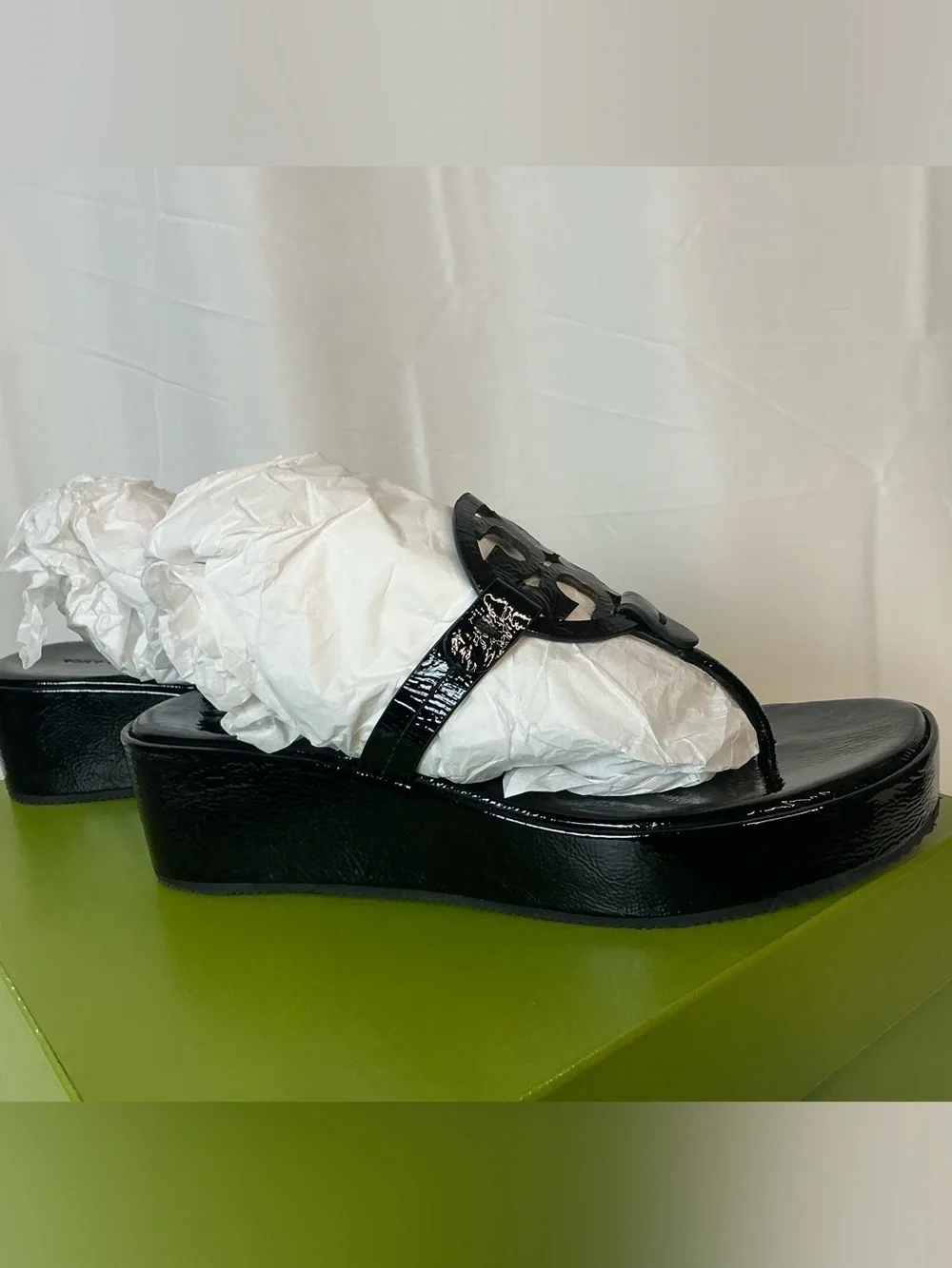 Tory Burch Black Patent Leather Wedge Sandals